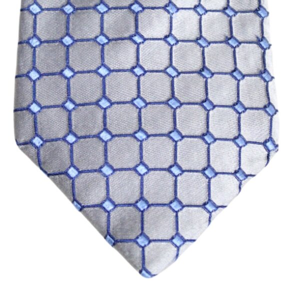 CANALI Tie 100% Silk -Made in Italy- Silver & Blue Square Pattern - Picture 3 of 6